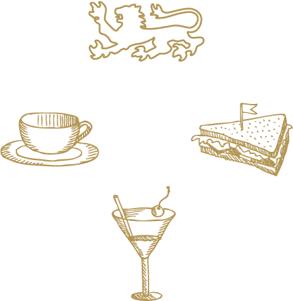 Cafe Fürstlich Retro Icon handgezeichneter Löwe, Kaffee, Sandwich und Drink